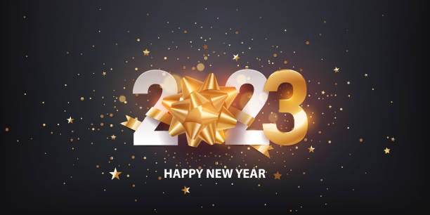 Happy New Year 2023 Happy new year 2023. Golden self adhesive gift bow with white paper numbers and confetti, against dark background. Holiday greeting card. Vector illustration. new year party stock illustrations