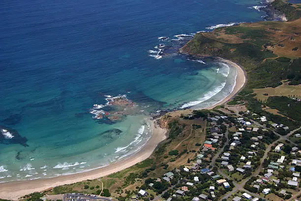 Aerial of Phillip Island, showing coastline near race track