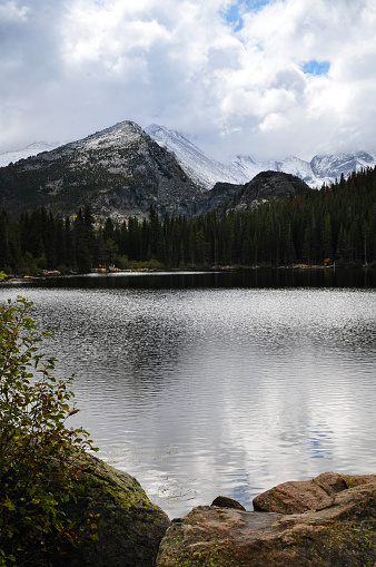 Cloud-covered Longs Peak above Bear Lake, Rocky Mountain National Park, Estes Park, Colorado, USA