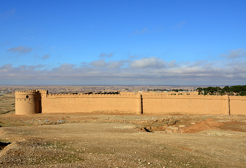 Kholm / Khulm / Tashqurghan, Balkh province, Afghanistan: mud brick walls of the Bagh-e Jahan Nama Palace, built in the Indian colonial style in the late 19th century by Emir Abdur Rahman Khan (the 'Iron Amir', Barakzai dynasty). The original name of Tashqarghan in Uzbek means \