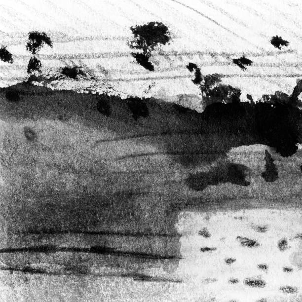 istock Abstract landscape ink hand drawn illustration. Black and white ink winter landscape with river. 1397116410