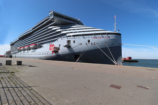IJmuiden, The Netherlands - April 20th, 2022:  Valiant Lady cruise ship, operated by Virgin Voyages, shipbuilder Fincantieri. Valiant Lady had her Maiden voyage on march 18th, 2022.