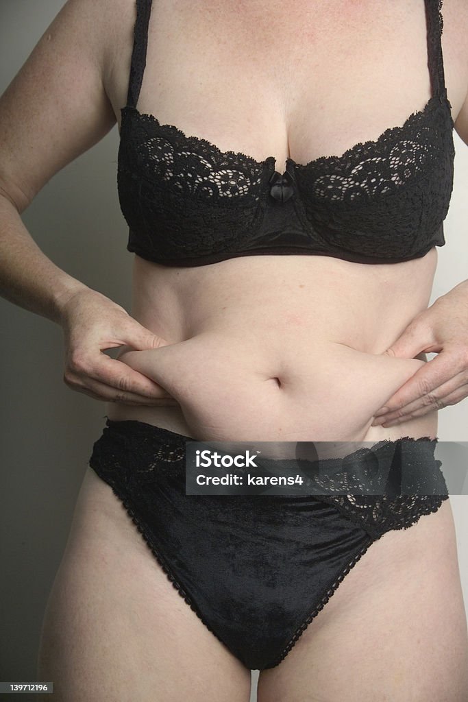 Fat woman's body Over weight woman in underwear Abdomen Stock Photo