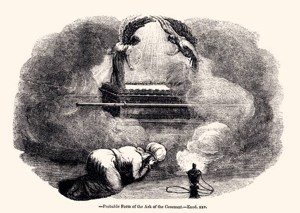 PROBABLE FORM OF THE ARK OF THE COVENANT (XXXL with lots of details) Ark of the Covenant. Vintage engraving circa late 19th century. Digital restoration by Pictore. drawing of a man kneeling in prayer stock illustrations
