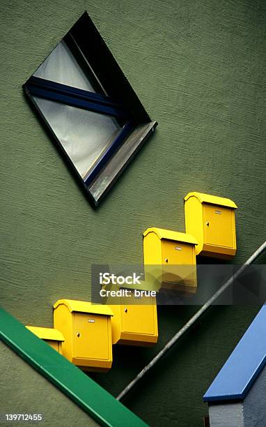 Five Yellow Letterboxes Stock Photo - Download Image Now - Anticipation, Bannister, Blue