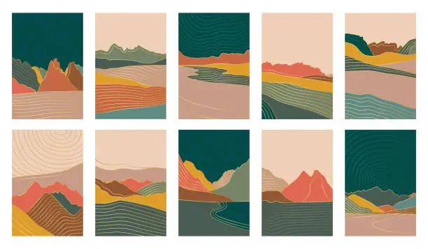 Vector illustration of Set of creative vector abstract natural landscape backgrounds in natural earthy colors and golden lines.