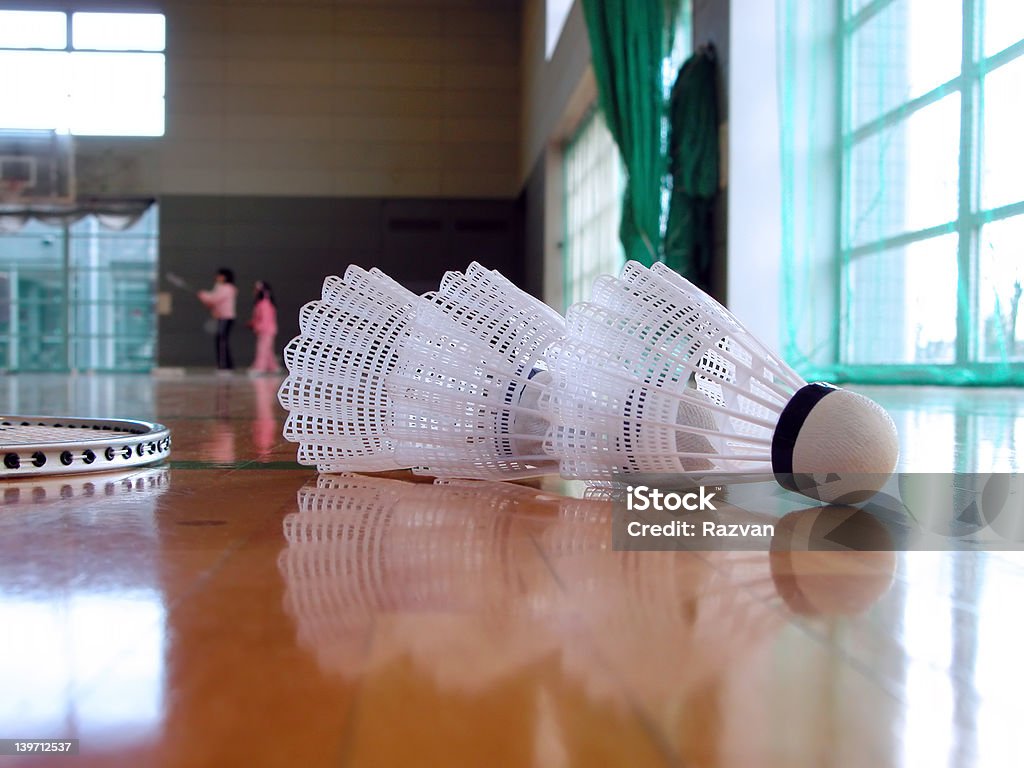 Badminton indoor Perspective in a spots hall with shuttlecocks in the first plan. Badminton - Sport Stock Photo