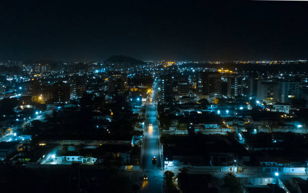 fotografia aerea da un drone di una città di notte. è possibile osservare l'oscurità della notte e le luci delle strade, edifici residenziali, case e altro - branch dry defocused close up foto e immagini stock