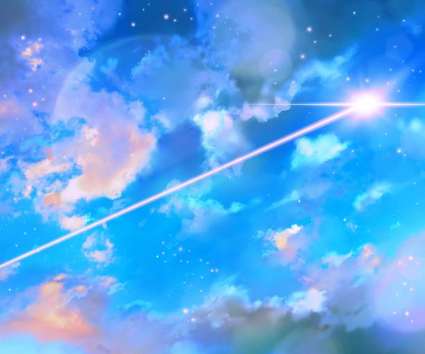 istock Illustration of a glowing meteor that suddenly appeared in the night sky on a starry night and a fantastic sea of clouds 1397127718