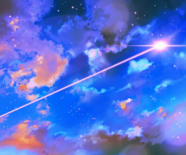istock Illustration of a glowing meteor that suddenly appeared in the night sky on a starry night and a fantastic sea of clouds 1397127722