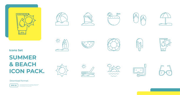 ilustrações de stock, clip art, desenhos animados e ícones de summer and beach icons set. travel vacation thin line icon - suntan lotion symbol ice umbrella