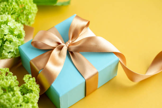 Image of a refreshing gift with a plain yellow background, a blue gift and a green viburnum Father's Day