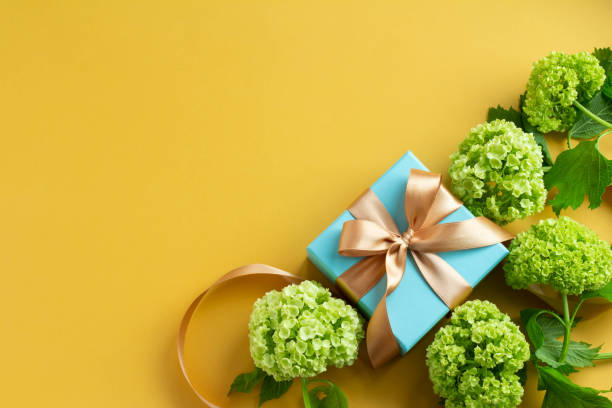istock Image of a refreshing gift with a plain yellow background, a blue gift and a green viburnum Father's Day 1397130084
