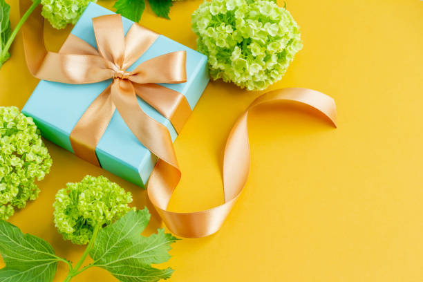 istock Image of a refreshing gift with a plain yellow background, a blue gift and a green viburnum Father's Day 1397130105