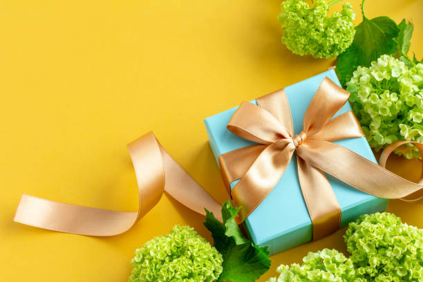 istock Image of a refreshing gift with a plain yellow background, a blue gift and a green viburnum Father's Day 1397130130