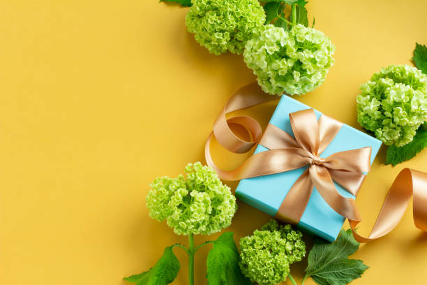 istock Image of a refreshing gift with a plain yellow background, a blue gift and a green viburnum Father's Day 1397130133
