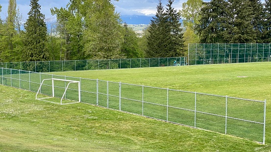 Photos Field football soccer team green grass empty no people gate goal ball game forest