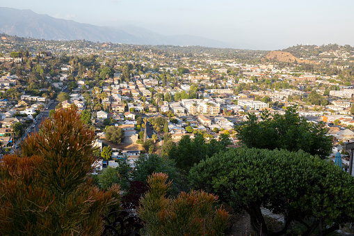 Aerial view of Highland Park neighborhood, in Northeast Los Angeles, California