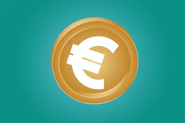 Vector illustration of Golden euro coin on green color background.