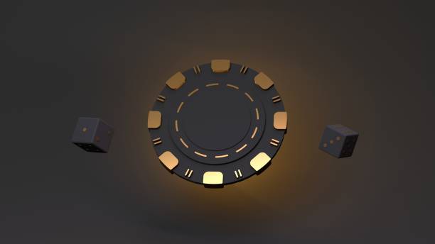 istock Playing chip and black dice. Black casino elements with gold inserts. 3d rendering illustration. 1397146448