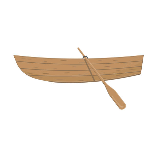 holzboot mit rudern, farbvektorillustration im cartoon-stil auf weißem hintergrund. - rowboat stock-grafiken, -clipart, -cartoons und -symbole