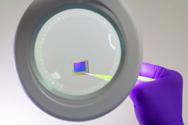 istock Hand in purple glove holdingsensor matrix microchip with pair of tweezers under magnifying glass . Focus on chip. 1397148519