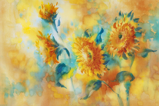 A bouquet of sunflowers on yellow watercolor background. Summer illustration