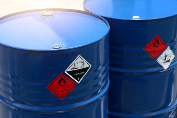istock Warning symbol for chemical hazard on chemical container 1397152355