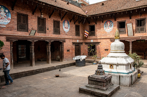Bhaktapur, Nepal - oct 28, 2019: the inner courtyards of a monastery and Buddhist school of Bhaktapur:  they were completely restored afterwards the 2015 earthquake, Bhaktapur,