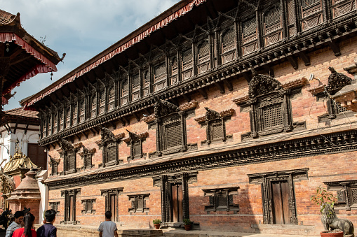 Bhaktapur, Nepal - oct 28, 2019: the so-called fifty-five windows palace is one of the most famous buildings on Durbar Square in Bhaktapur