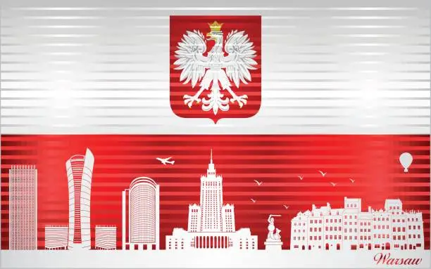 Vector illustration of Warsaw city skyline with flag of Poland on background