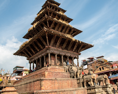 Bhaktapur, Nepal - oct 28, 2019: the Nyatapola Pagoda, with its characteristic 5 levels, is an important religious building in Taumadhi Tol square in the center of Bhaktapur, Nepal