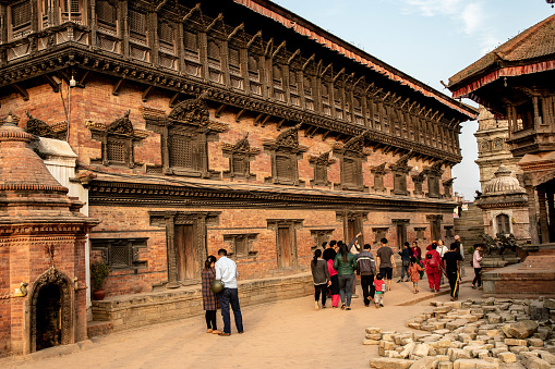 Bhaktapur, Nepal - oct 28, 2019: 2019: the Palace of 55 Windows (Panchapanna Jhyale Durbar) has a splendid façade characterized by finely inlaid wooden windows, in Bhaktapur, Nepal