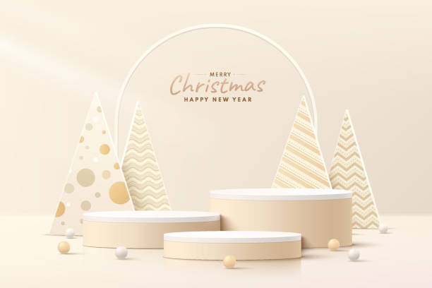 ilustrações de stock, clip art, desenhos animados e ícones de abstract realistic 3d light brown cylinder pedestal podium set with luxury christmas tree and ball. merry christmas and new year scene for mockup product display. vector rendering form. stage showcase - tree set