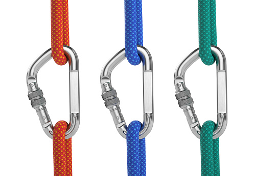 Steel carabiner hook with a red, blue and green climbing rope isolated on white. 3d rendering