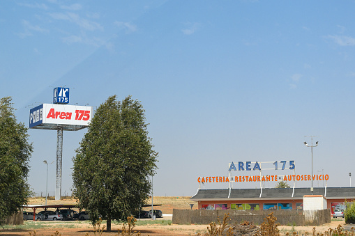 Cuenca, Spain, August, 12, 2021: Cafeteria, restaurant, self-service Area 175. It is a roadside bar, rest area on a trip.