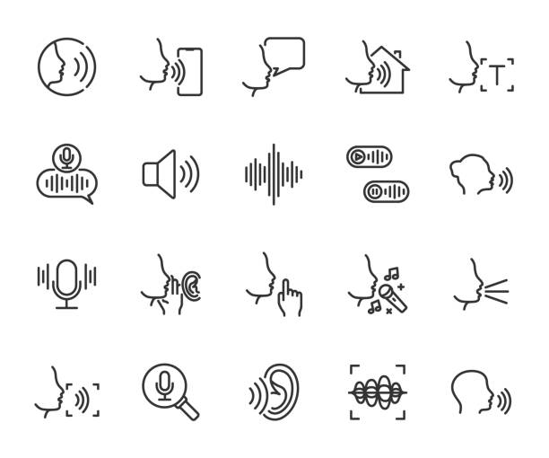 Vector set of voice line icons. Contains icons voice control, sound, whisper, shout, voice message, singing, sound wave, voice recognition and more. Pixel perfect. Vector set of voice line icons. Contains icons voice control, sound, whisper, shout, voice message, singing, sound wave, voice recognition and more. Pixel perfect. public address system stock illustrations