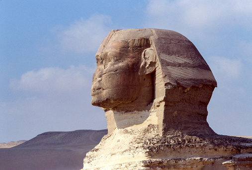 Giza, Cairo, Egirro - aug 04, 1991: close-up view of the Sphinx, an Egyptian monument famous for its enigmatic and mysterious expression