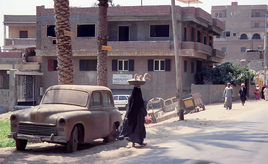 Cairo, Egypt- aug 4, 1991: a woman carries on her head a basket with some geese she lives, in the peasant suburbs of Cairo