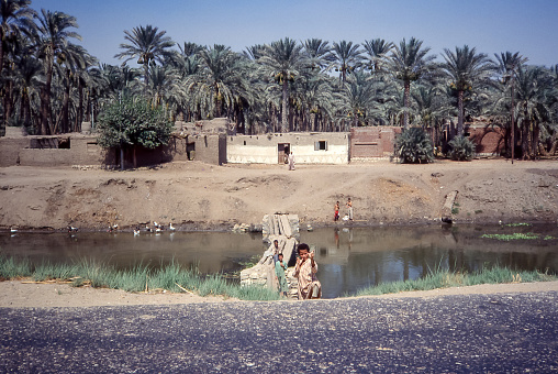 Cairo, Egypt - aug 5, 1991:  an irrigation canal runs along the road from Cairo going south following the Nile valley
