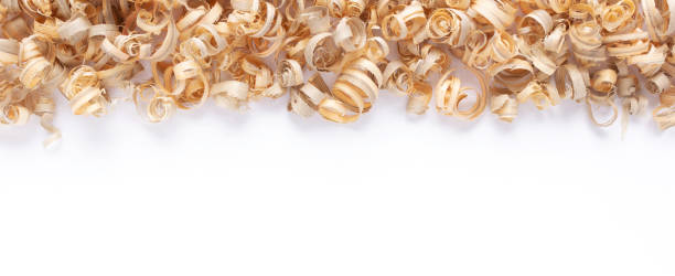 istock Wooden shavings isolated on white background. Wood shaving isolate 1397158854