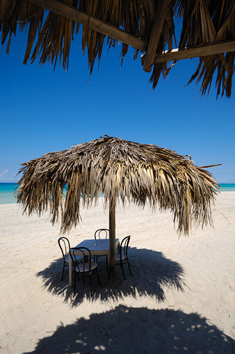 Parasol made out of palm leafs on beach Varadero Cuba.