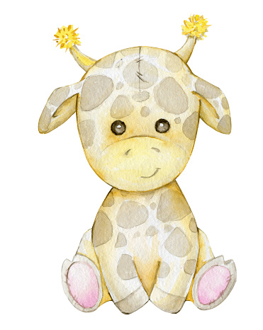 cute giraffe, cartoon style, on an isolated background. Watercolor illustration, animal toy.