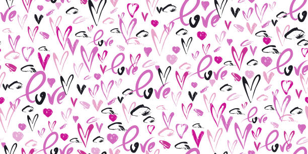 Seamless pattern with love words, hearts Grunge vector seamless pattern with hand painted hearts and words love. Hand drawn illustration for valentines day wrapping paper or wedding invitation card background in pink, black and white colors wedding decoration for church background stock illustrations
