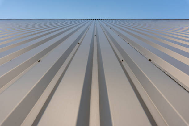 istock trapezoid corrugated sheet metal Facade of a warehouse. 1397161644
