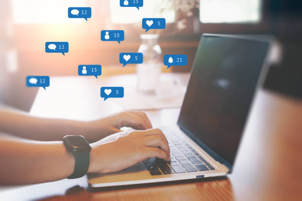 istock Play social media on your laptop with the communication icon. 1397162000