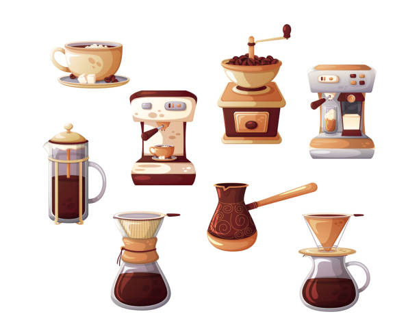 Cartoon coffee set. Different ways of making coffee. Cartoon coffee set. Different ways of making coffee. turkish coffee pot cezve stock illustrations