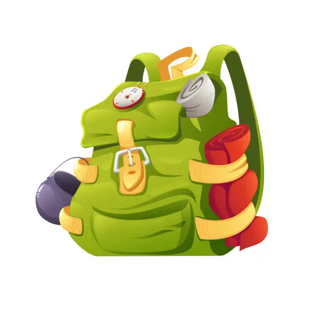 Vector illustration of Cartoon hiking backpack with a cauldron, compass.
