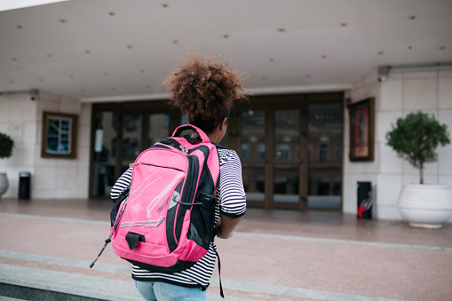 Little schoolgirl carrying a backpack and going into the school building
