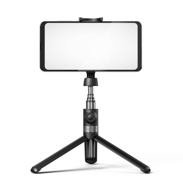 istock Selfie stick tripod and smartphone with blank white screen isolated on white. 3d rendering 1397167206